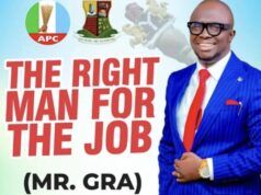 Abdulganeey Adekunle, ‘Mr. GRA,’ Joins Oyo 2027 Assembly Race Campaign poster showing a smiling man in a blue suit and red tie beside bold red text 'THE RIGHT MAN FOR THE JOB (MR. GRA)' with APC and party logos at the top.