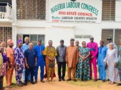 WORKERS’ DAY: Oyo Pays 18bn Salaries Monthly, As NLC Chairman Confirms State’s 4th Position in Workers’ Welfare Group of men and women in colorful attire posing in front of a Nigeria Labour Congress, Oyo State Council banner on a building wall.