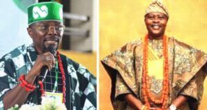 DG Oduduwa Supports Group: Orelaja Celebrates Remo Stars FC Boss Kunle Soname At 60 Two Nigerian men in traditional attire side by side: left man speaks into a microphone wearing a green cap and red beaded accessories; right man in gold agbada with matching beads, smiling and posing.