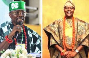 DG Oduduwa Supports Group: Orelaja Celebrates Remo Stars FC Boss Kunle Soname At 60 Two Nigerian men in traditional attire side by side: left man speaks into a microphone wearing a green cap and red beaded accessories; right man in gold agbada with matching beads, smiling and posing.