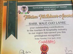 Southwest Hoteliers Bestow Tourism Trailblazer Award on Ojo-Lanre Certificate titled 'Tourism Trailblazer Award' presented to Barr. Wale Ojo Lanre by the Hotels Association of Nigeria, South West, recognizing outstanding contributions to tourism and hospitality in the region.