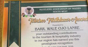 Southwest Hoteliers Bestow Tourism Trailblazer Award on Ojo-Lanre Certificate titled 'Tourism Trailblazer Award' presented to Barr. Wale Ojo Lanre by the Hotels Association of Nigeria, South West, recognizing outstanding contributions to tourism and hospitality in the region.