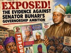 Exposed! Evidence Against Senator Buhari’s Governorship Ambition By Wale Ojo-Lanre Bold red 'EXPOSED!' headline on a political protest poster featuring a collage of caricatured figures and crowd holding signs, suggesting a political scandal or exposé theme.