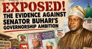 Exposed! Evidence Against Senator Buhari’s Governorship Ambition By Wale Ojo-Lanre Bold red 'EXPOSED!' headline on a political protest poster featuring a collage of caricatured figures and crowd holding signs, suggesting a political scandal or exposé theme.