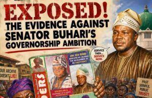Exposed! Evidence Against Senator Buhari’s Governorship Ambition By Wale Ojo-Lanre Bold red 'EXPOSED!' headline on a political protest poster featuring a collage of caricatured figures and crowd holding signs, suggesting a political scandal or exposé theme.