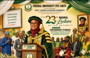 How Ekiti SSG, Prof. Mrs. Adubiaro Disappointed Me At Her Inaugural Lecture Female professor in green and gold ceremonial robes speaks at a podium during the 23rd Inaugural Lecture at Federal University Oye-Ekiti, with a university seal and banners in the background.