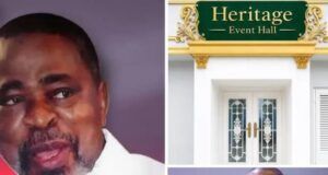 A True Friend Indeed!! Dr. Olukoya Builds Heritage Event Hall In Memory Of Music Aficionado, Femi Esho Collage: man speaking into a microphone on the left; Heritage Event Hall entrance above on the top right; smiling man in a patterned suit bottom right.