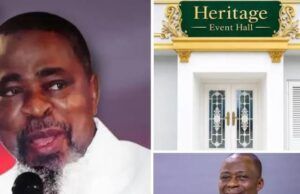 A True Friend Indeed!! Dr. Olukoya Builds Heritage Event Hall In Memory Of Music Aficionado, Femi Esho Collage: man speaking into a microphone on the left; Heritage Event Hall entrance above on the top right; smiling man in a patterned suit bottom right.