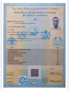 Emmanuel Oyelami Timileyin's school certificate...