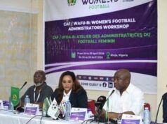 WAFU-B Elated As Gusau Promises Vehicle For Movement Of VAR Equipment Round Zone Panel of four officials seated at a long table during a CAF/WAFU-B Women’s Football Administrators Workshop, with a purple banner behind them.