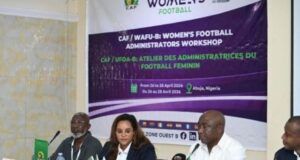 WAFU-B Elated As Gusau Promises Vehicle For Movement Of VAR Equipment Round Zone Panel of four officials seated at a long table during a CAF/WAFU-B Women’s Football Administrators Workshop, with a purple banner behind them.