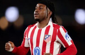 UCL: I’m Ready For Arsenal Showdown—Lookman Soccer player in a red-and-white striped Atlético Madrid jersey runs on the field during a match.