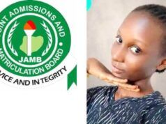 16-Year-Old Daniella Emerges 2026 UTME Highest Scorer Left: JAMB emblem with green circle and torch, motto text 'JOIN ADMISSIONS AND MATRICULATION BOARD' and 'SERVICE AND INTEGRITY'; right: woman posing with chin resting on her hand in a patterned top.