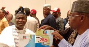 Oyo APC Guber Ticket: AKK Picks Forms, Makes Promises Dr. Adewale Kolapo Kareem, left, displaying his forms...