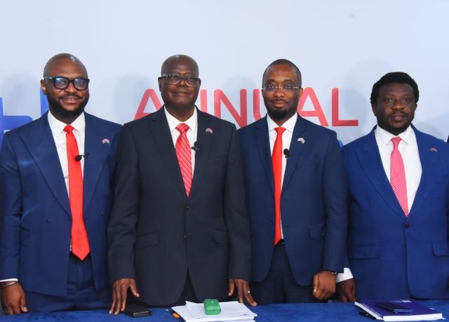Abbey Mortgage Bank 1 L-R: Independent Non- Executive Director, Abbey Mortgage Bank Plc, Mrs. Christabel Onyejekwe; Assistant Company Secretary, Martins Bakare; Chairman, High Chief Samuel Oni; Managing Director/CEO, Mobolaji Adewumi; Executive Director, Oladipupo Adeoye; Executive Director, John Okonkwo during the 34th Annual General Meeting of Abbey Mortgage Bank Plc in Lagos on Monday...