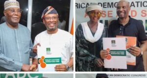 2027: Abidikugu Picks ADC Nomination Forms To Contest House Of Reps Seat For Ibadan North East/ South East Two men in traditional attire shake hands while holding an election nomination form at an ADC event.