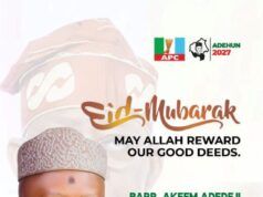 Barr Akeem Agbaje Joins Others To Salute Muslim Ummah @ Eid-el-Kabir Campaign poster featuring a headshot of Barr. Akeem Adedeji Agbaje in traditional attire, with Eid Mubarak greeting and Logos (APC, ADEHUN 2027), promoting him for Oyo State governor 2027.