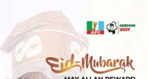 Barr Akeem Agbaje Joins Others To Salute Muslim Ummah @ Eid-el-Kabir Campaign poster featuring a headshot of Barr. Akeem Adedeji Agbaje in traditional attire, with Eid Mubarak greeting and Logos (APC, ADEHUN 2027), promoting him for Oyo State governor 2027.