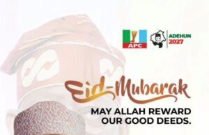 Barr Akeem Agbaje Joins Others To Salute Muslim Ummah @ Eid-el-Kabir Campaign poster featuring a headshot of Barr. Akeem Adedeji Agbaje in traditional attire, with Eid Mubarak greeting and Logos (APC, ADEHUN 2027), promoting him for Oyo State governor 2027.