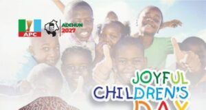 Children’s Day: Agbaje Celebrates Children, Calls For Safe Rescue Of Oyo’s Abducted Students, Teachers Poster with a man in a traditional cap and smiling children in the background; title reads 'Joyful Children's Day' and it promotes Barr. Akeem Adedeji Agbaje for Governor, Oyo State 2027 with APC logos.