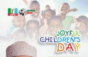 Children’s Day: Agbaje Celebrates Children, Calls For Safe Rescue Of Oyo’s Abducted Students, Teachers Poster with a man in a traditional cap and smiling children in the background; title reads 'Joyful Children's Day' and it promotes Barr. Akeem Adedeji Agbaje for Governor, Oyo State 2027 with APC logos.