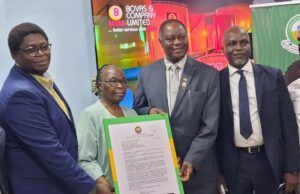 High Expectations As Osun Varsity Presents Appointment Letter To New Chancellor, BOVAS GMD …the Vice Chancellor, Osun State University Prof. Odunayo Adeboye (2nd right) presenting letter of appointment as Chancellor of the university to the Group Managing Director, BOVAS & Company Ltd. Mrs Victoria Samson (2nd left), Deputy Group Managing Director BOVAS, Mr Temitope Samson (left) and Deputy Vice Chancellor, Prof Adetunji Kehinde at BOVAS corporate headquarters, Ibadan on Thursday…