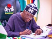 Tinubu’s Govt Suspends Proposed WAEC, NECO Fee Hike Nigerian official signing documents at a desk, with the coat of arms on the chair behind him.