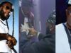 Burnaboy Showers Dollar Notes On Adewale Ayuba During Performance Collage of three men on stage: left with braids and sunglasses, center handing a trophy, right smiling man in a blue cap and glasses.