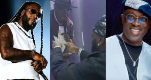 Burnaboy Showers Dollar Notes On Adewale Ayuba During Performance Collage of three men on stage: left with braids and sunglasses, center handing a trophy, right smiling man in a blue cap and glasses.