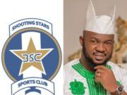 Farouk Arisekola-Alao Fetes 3SC On CAF Confederation Cup Qualification After 27 Years Left: Shooting Stars Sports Club logo with a gold star on a blue shield; right: smiling man in white traditional outfit and cap.