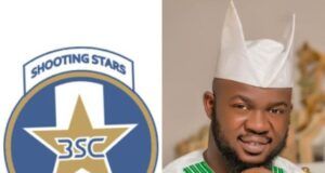 Farouk Arisekola-Alao Fetes 3SC On CAF Confederation Cup Qualification After 27 Years Left: Shooting Stars Sports Club logo with a gold star on a blue shield; right: smiling man in white traditional outfit and cap.