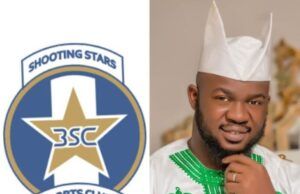 Farouk Arisekola-Alao Fetes 3SC On CAF Confederation Cup Qualification After 27 Years Left: Shooting Stars Sports Club logo with a gold star on a blue shield; right: smiling man in white traditional outfit and cap.