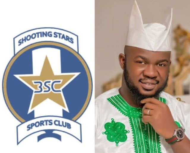 Farouk Alao-Arisekola Left: Shooting Stars Sports Club logo with a gold star on a blue shield; right: smiling man in white traditional outfit and cap.