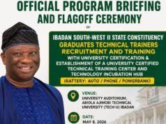 Oyo Lawmaker, Oluwafowokanmi Partners TECH-U, Bugotake To Train 50 Youths Poster for the official program briefing and flag-off ceremony for Ibadan South-West II Constituency technical trainers recruitment and training with university certification.