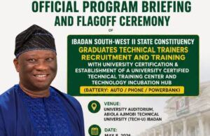 Oyo Lawmaker, Oluwafowokanmi Partners TECH-U, Bugotake To Train 50 Youths Poster for the official program briefing and flag-off ceremony for Ibadan South-West II Constituency technical trainers recruitment and training with university certification.
