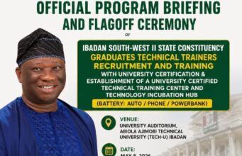 Oyo Lawmaker, Oluwafowokanmi Partners TECH-U, Bugotake To Train 50 Youths Poster for the official program briefing and flag-off ceremony for Ibadan South-West II Constituency technical trainers recruitment and training with university certification.