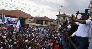 Makinde Declares Presidential Ambition Ahead Of 2027 Elections Engineer Seyi Makinde, right, addressing the mammoth crowd at the rally...