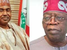 President Tinubu Commends NDLEA On Success Against Transborder Drug Network Two older men in traditional Nigerian attire pose for a formal split-screen portrait: one in beige agbada and patterned cap, the other in a gray outfit with a red patterned cap.