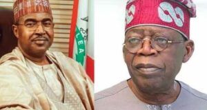 President Tinubu Commends NDLEA On Success Against Transborder Drug Network Two older men in traditional Nigerian attire pose for a formal split-screen portrait: one in beige agbada and patterned cap, the other in a gray outfit with a red patterned cap.