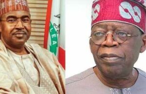 President Tinubu Commends NDLEA On Success Against Transborder Drug Network Two older men in traditional Nigerian attire pose for a formal split-screen portrait: one in beige agbada and patterned cap, the other in a gray outfit with a red patterned cap.