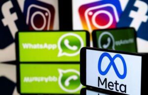 Meta Launches Paid Subscriptions For Instagram, Facebook, Whatsapp Foreground screen displays the Meta logo; background screens show WhatsApp icons and blurred Facebook/Instagram logos.