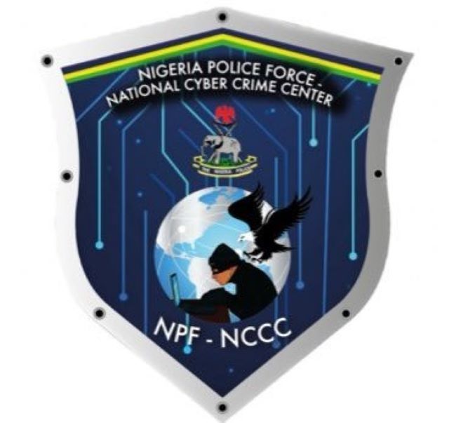 Nigeria Police Force National Cybercrime Shield-shaped emblem of the Nigeria Police Force National Cyber Crime Center, featuring a globe, an eagle, a hacker silhouette, and circuit motifs.