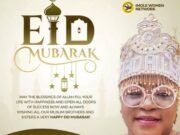 Yeyeluwa Babawande Felicitates Muslim Faithful On Eid-El-Kabir, Urges Support For Governor Adeleke’s Second Term Bid Eid Mubarak poster featuring a smiling woman in an ornate jeweled crown and round glasses, with gold greeting text and lantern motifs in the design.