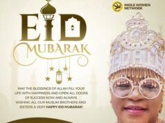 Yeyeluwa Babawande Felicitates Muslim Faithful On Eid-El-Kabir, Urges Support For Governor Adeleke’s Second Term Bid Eid Mubarak poster featuring a smiling woman in an ornate jeweled crown and round glasses, with gold greeting text and lantern motifs in the design.