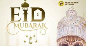 Yeyeluwa Babawande Felicitates Muslim Faithful On Eid-El-Kabir, Urges Support For Governor Adeleke’s Second Term Bid Eid Mubarak poster featuring a smiling woman in an ornate jeweled crown and round glasses, with gold greeting text and lantern motifs in the design.
