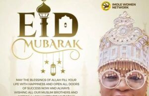 Yeyeluwa Babawande Felicitates Muslim Faithful On Eid-El-Kabir, Urges Support For Governor Adeleke’s Second Term Bid Eid Mubarak poster featuring a smiling woman in an ornate jeweled crown and round glasses, with gold greeting text and lantern motifs in the design.