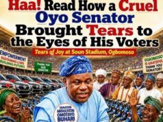 Haaaa! Read How A Cruel Oyo Senator Brought Tears To The Eyes Of His Voters Political campaign poster showing a Nigerian politician in blue handing an empowerment box to supporters at a crowded rally.