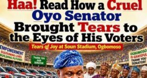 Haaaa! Read How A Cruel Oyo Senator Brought Tears To The Eyes Of His Voters Political campaign poster showing a Nigerian politician in blue handing an empowerment box to supporters at a crowded rally.
