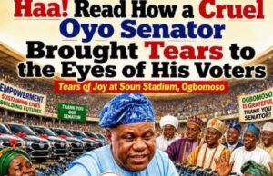 Haaaa! Read How A Cruel Oyo Senator Brought Tears To The Eyes Of His Voters Political campaign poster showing a Nigerian politician in blue handing an empowerment box to supporters at a crowded rally.