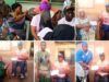 Professor Sangodoyin Distributes Cash Support To Persons With Disabilities A collage of people at a community event: several individuals, some in wheelchairs, posing with certificates and volunteers in caps and matching shirts outside a building.